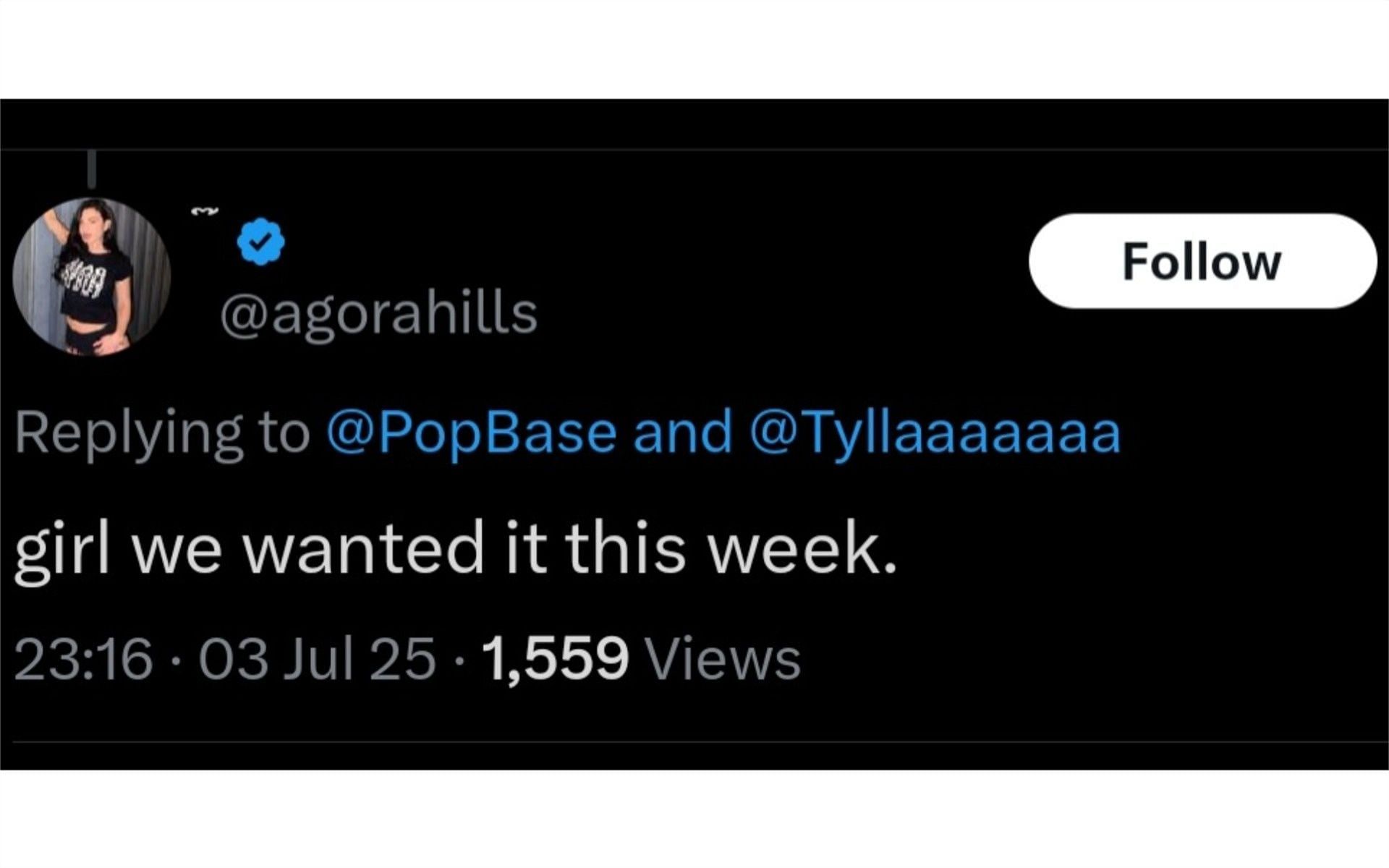 A fan reacted to the upcoming release, (Photo via Instagram/@agorahills)